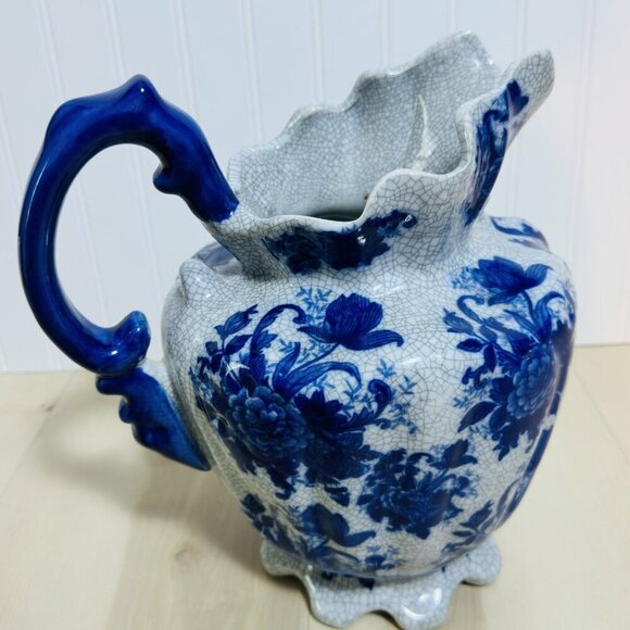 Bombay Company Vintage Blue & White Floral Crackle Pitcher Ceramic Pottery Home - Picture 4 of 16